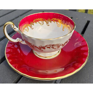 Aynsley Teac Cup Saucer Teacup Red Banded Gold filigree 1930s